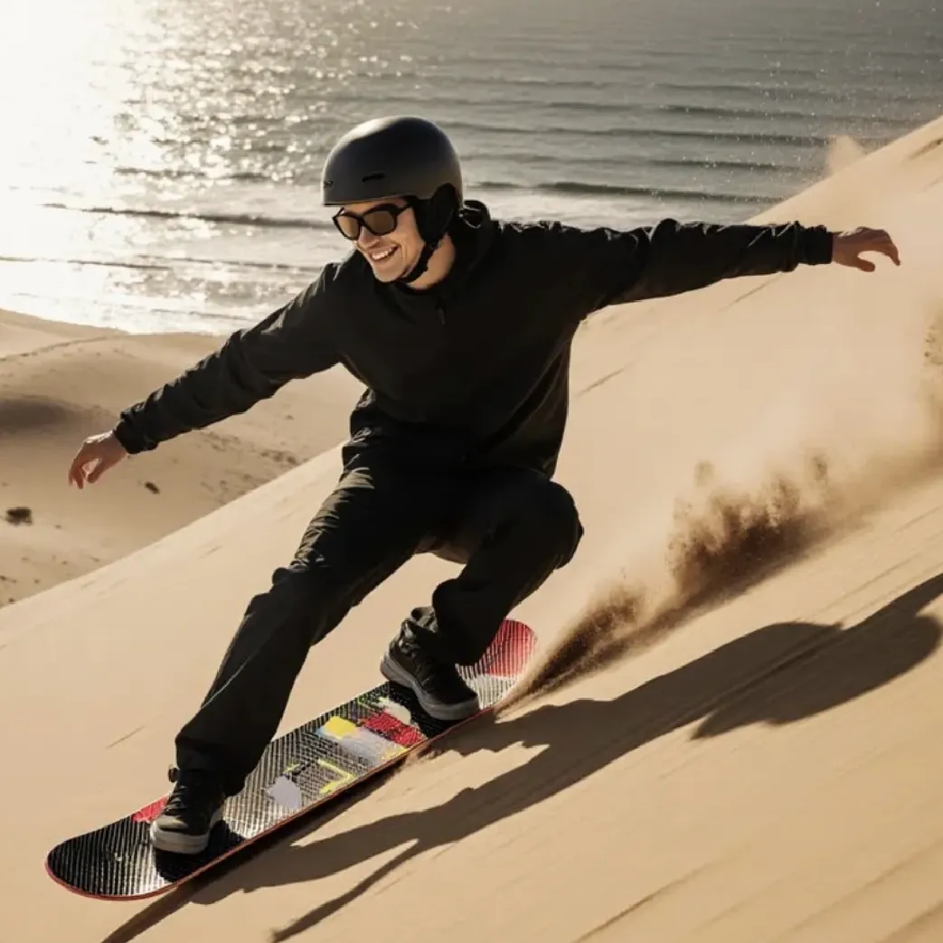 Sandboarding in Timlalin canyon (Timlaline canyons) dunes near Agadir